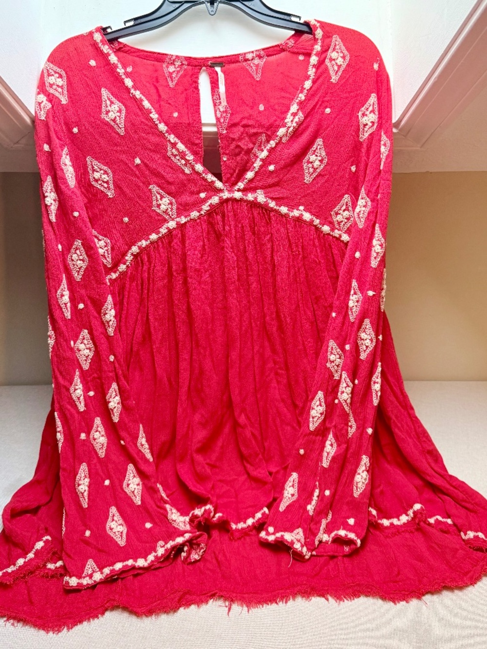 Free People Red Embroidered Tunic Top Dress Peasant Blouse Boho Size S